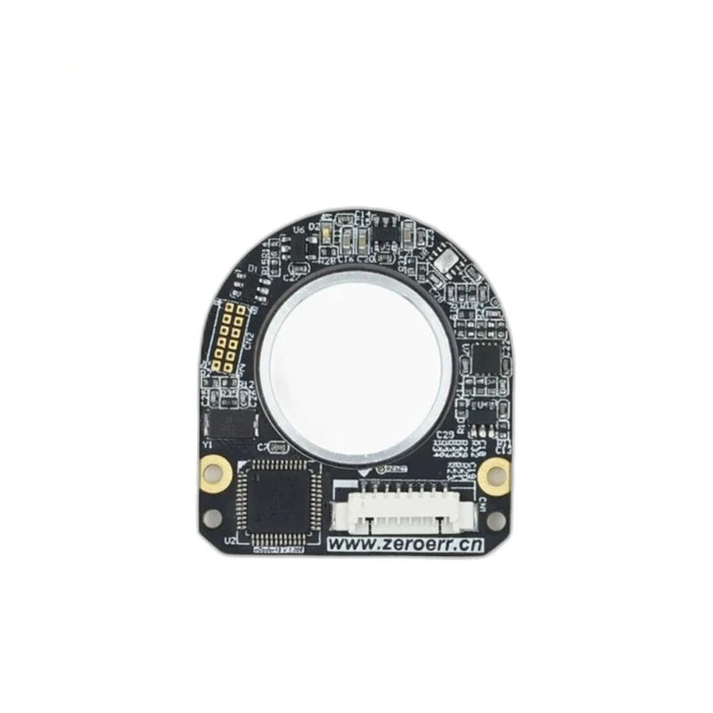 Front view of a ZeroErr eCoder18 magnetic encoder circuit board with circular opening and white connector.