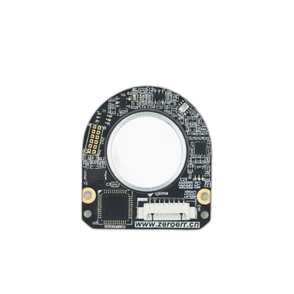 Front view of a ZeroErr eCoder18 magnetic encoder circuit board with circular opening and white connector.