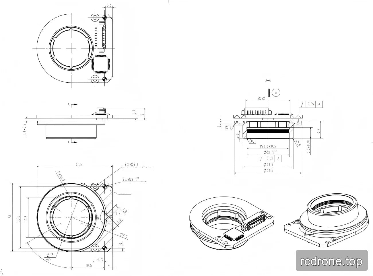 ZeroErr eCoder18 installation drawing with dimensions and connector layout