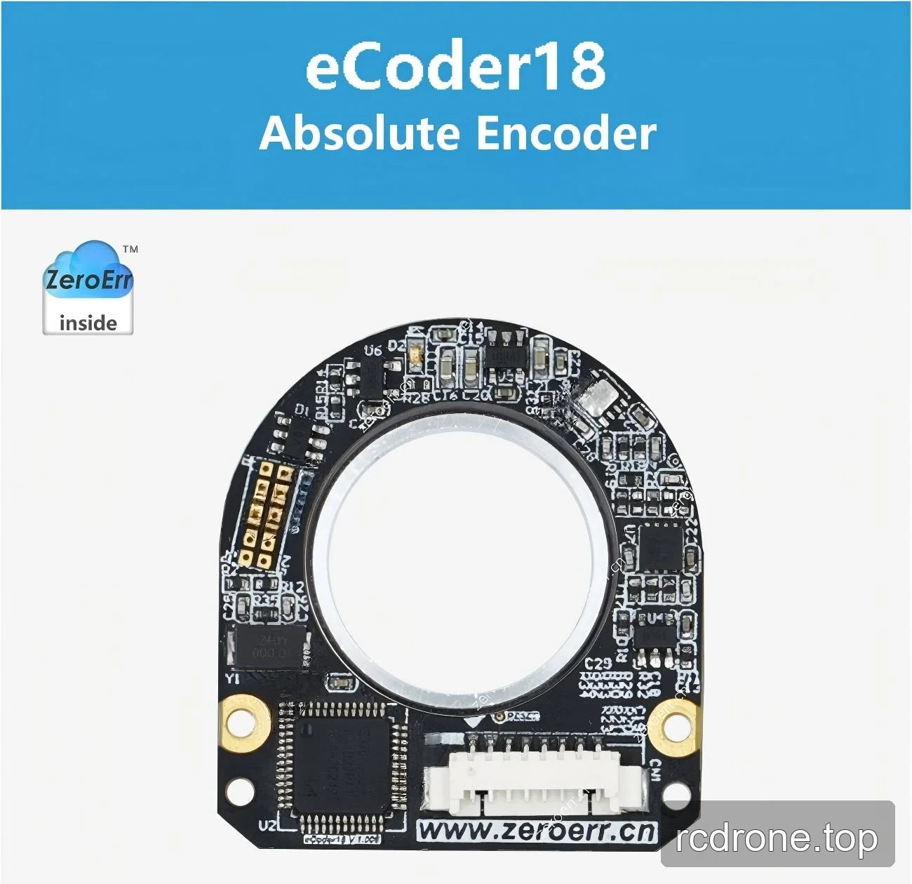 ZeroErr eCoder18 absolute encoder board with central through-hole and connector