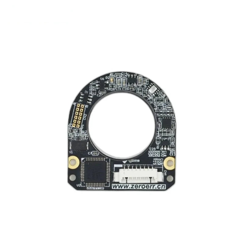 Front view of the ZeroErr eCoder20 encoder circuit board with circular opening, white connector, and mounting holes.