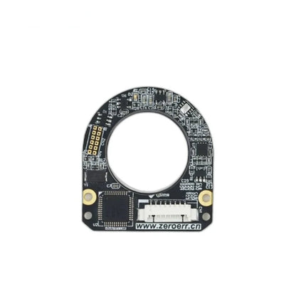 Front view of the ZeroErr eCoder20 encoder circuit board with circular opening, white connector, and mounting holes.