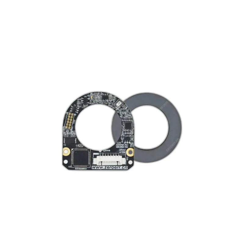 ZeroErr eCoder20 encoder circuit board shown with a separate dark magnetic ring and white connector.