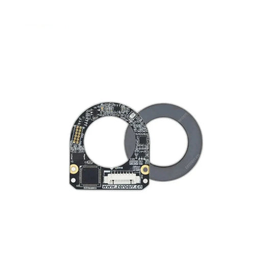 ZeroErr eCoder20 encoder circuit board shown with a separate dark magnetic ring and white connector.