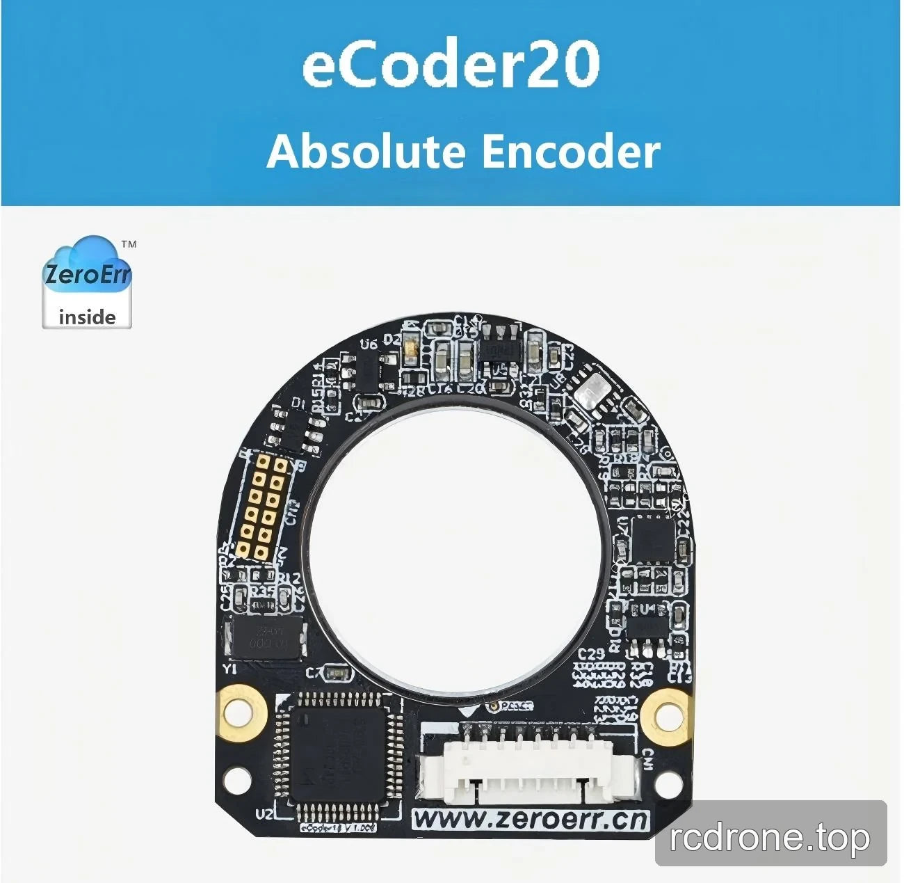 ZeroErr eCoder20 absolute encoder board with central through-hole and connector