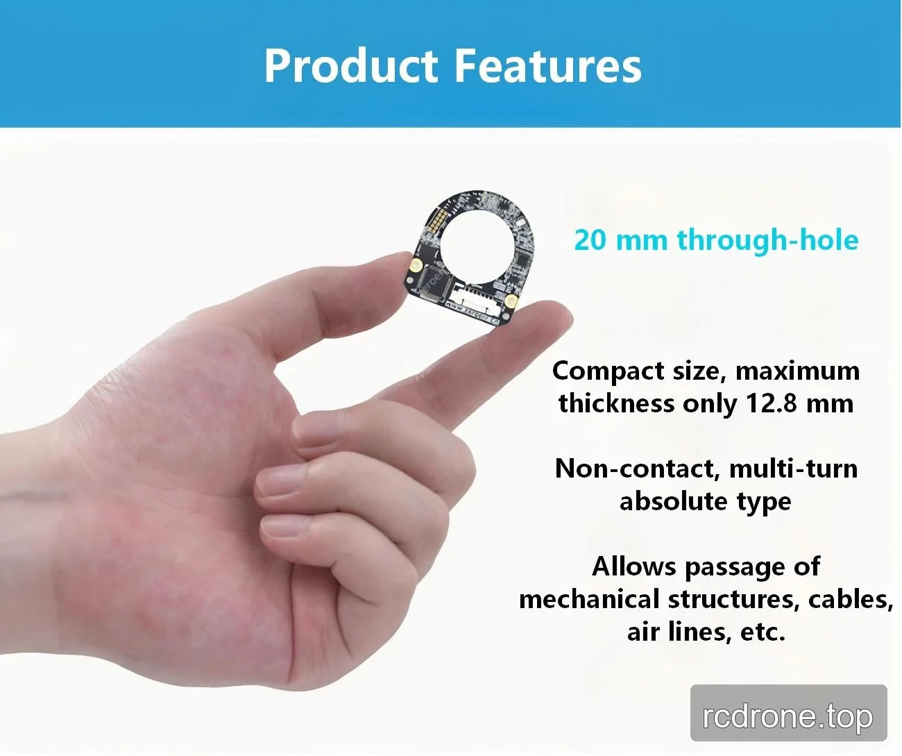 eCoder20 encoder highlighting its 20 mm through-hole and 12.8 mm maximum thickness