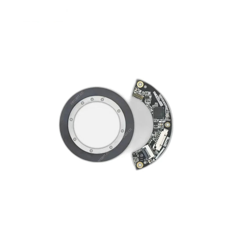 Separated ZeroErr eCoder35 encoder ring and semicircular circuit board displayed side by side on white