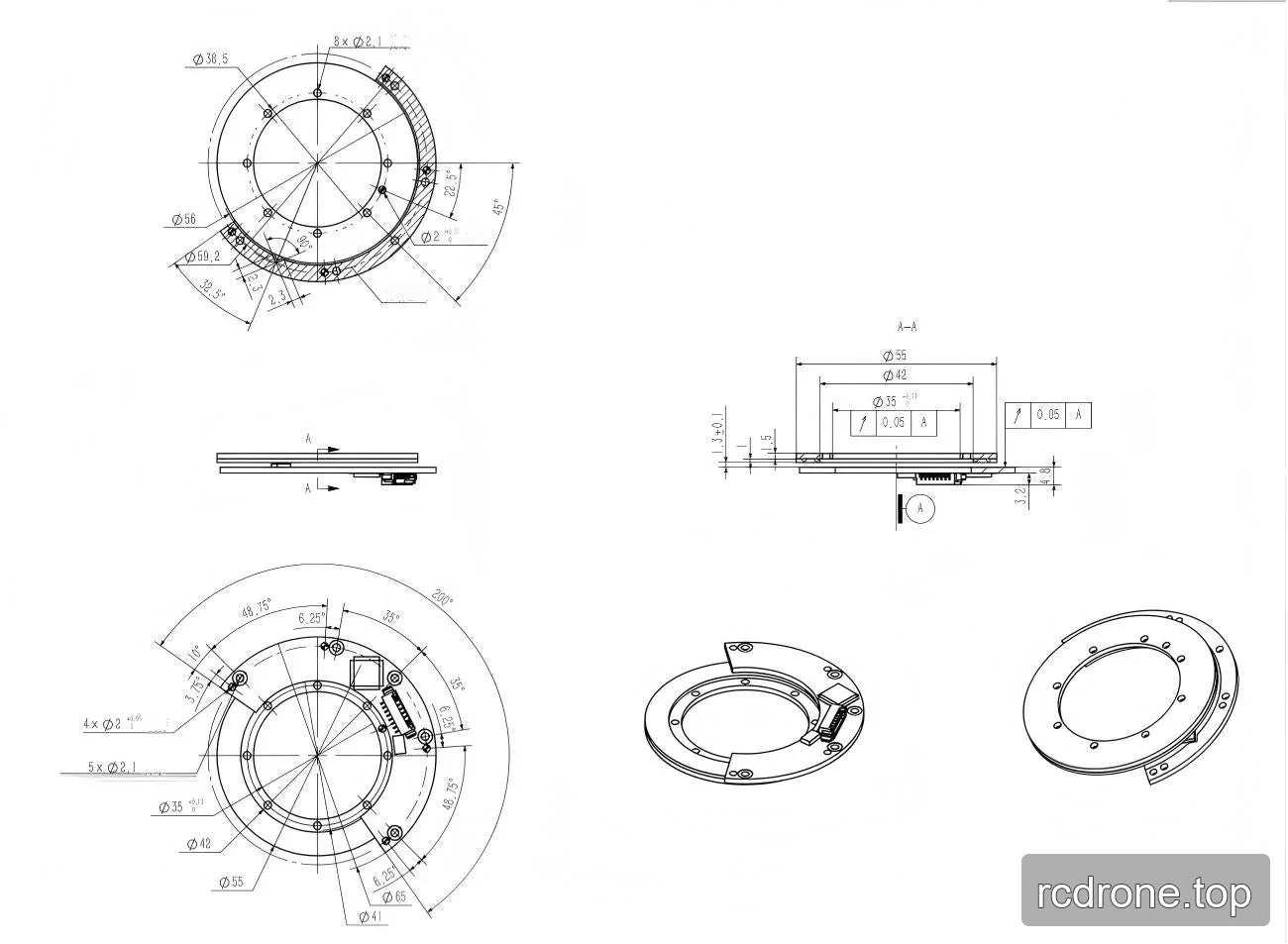 eCoder35H mechanical installation drawing with dimensions and connector layout