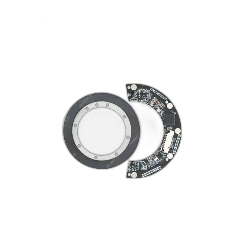 ZeroErr eCoder35H magnetic encoder shown separated into a circular magnetic ring and semicircular circuit board.