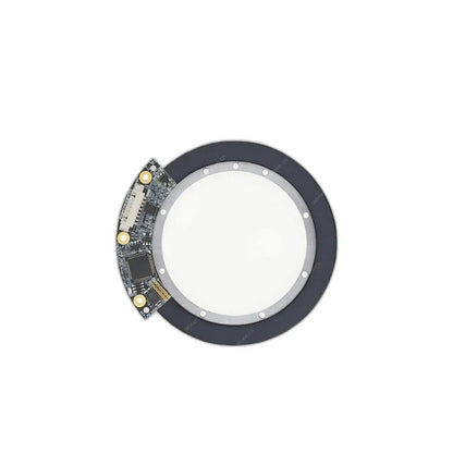 Circular magnetic encoder ring with attached curved circuit board shown on a white background