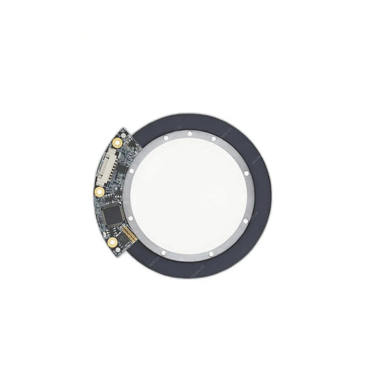 Circular magnetic encoder ring with attached curved circuit board shown on a white background
