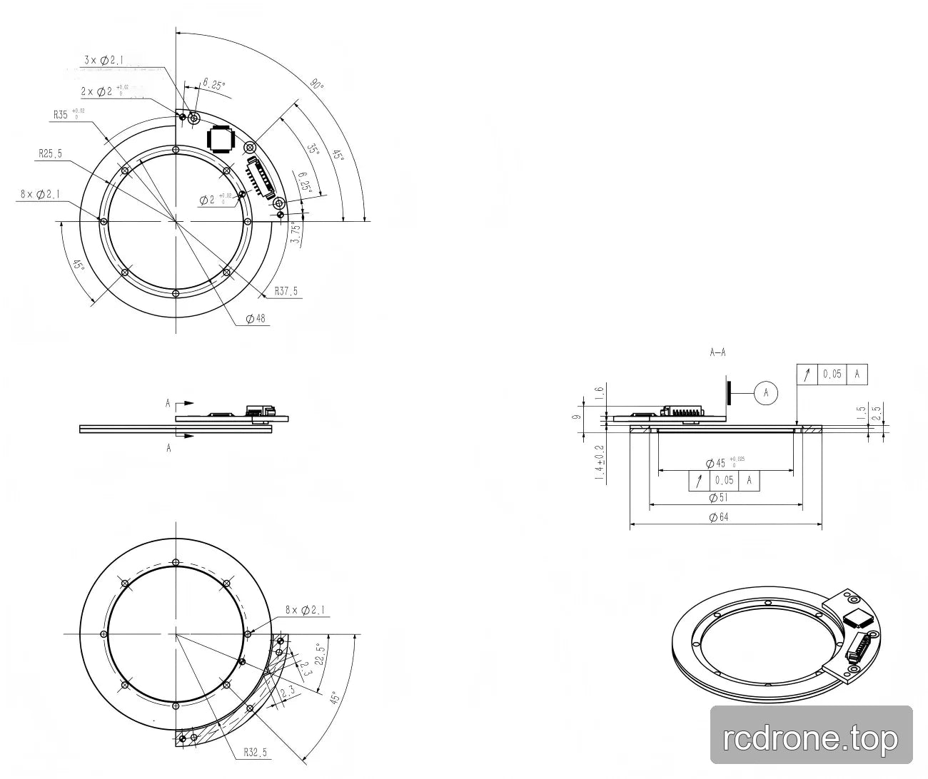 ZeroErr eCoder45 mechanical drawing with mounting pattern and dimensions