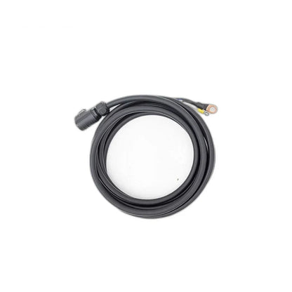 Coiled black ZeroErr eLine cable with a circular connector and two visible ring-terminal wire leads.