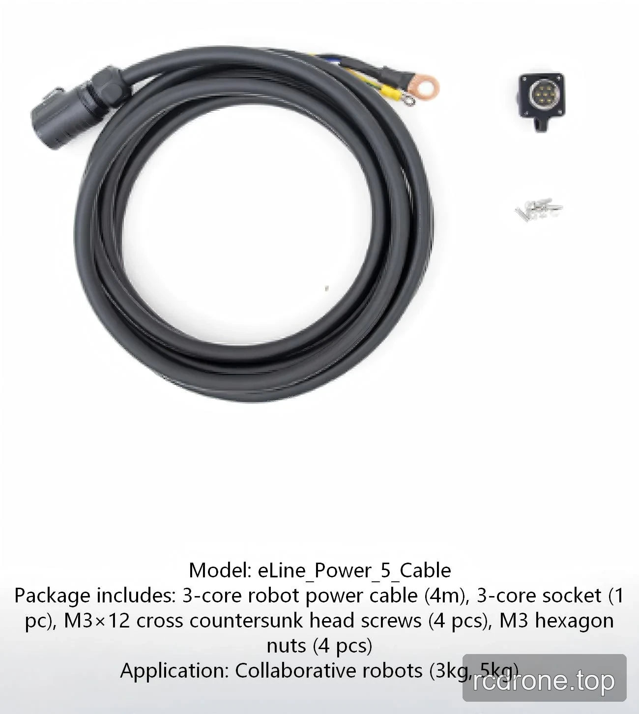 3-core robot power cable kit with socket, M3×12 screws and M3 hexagon nuts