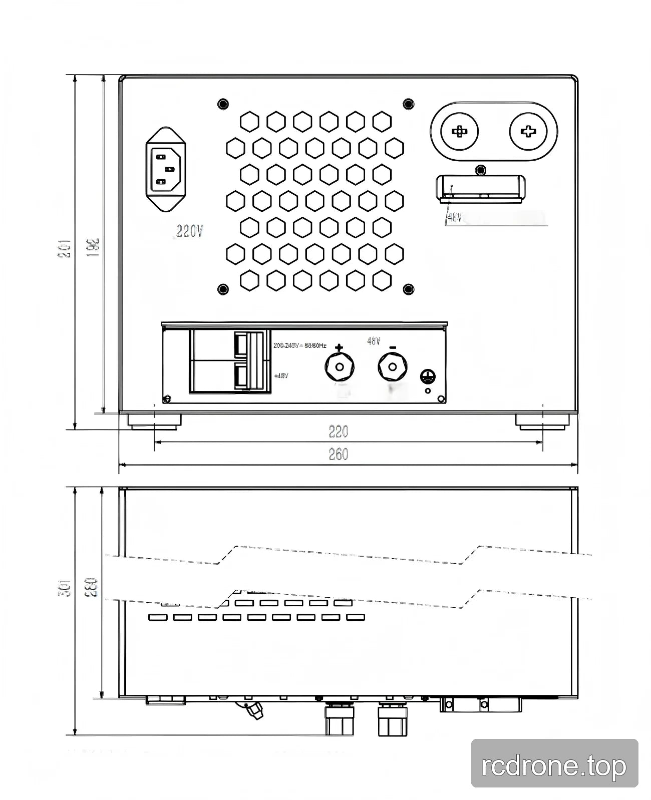 ZeroErr ePower enclosure drawing with 48 V output terminals and dimensions