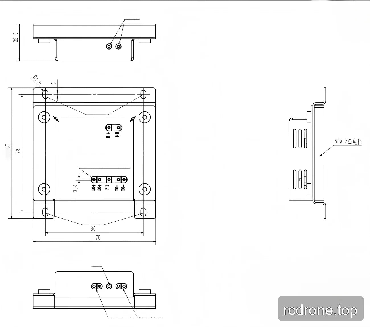 ZeroErr ePower-Board technical drawing with dimensions and terminal labels