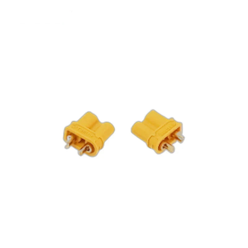 Pair of yellow ZeroErr EPower30 power connector housings viewed from the contact-pin end on a white background.