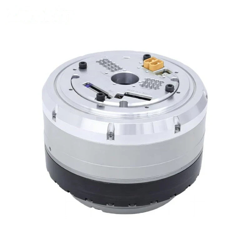 ZeroErr eRob 110 I motor viewed from the rear, showing its circular top plate, central opening, and yellow connector.