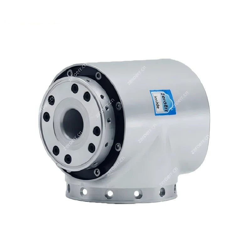 ZeroErr eRob 110 T motor shown in three-quarter view with circular front mounting face and white housing.