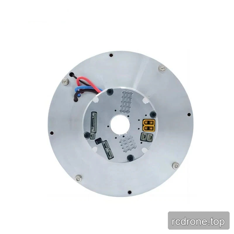Rear face of the ZeroErr eRob 142 I motor showing circular housing, central opening, electrical connectors, and colored wires.