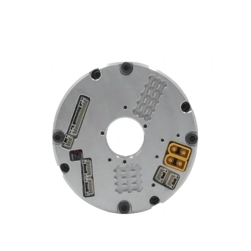 Rear face of the ZeroErr eRob 70F motor showing the central opening, circular housing plate, electrical connectors, and fasteners.
