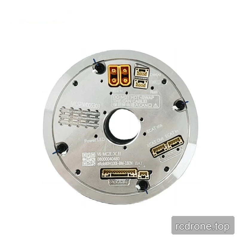 Close rear-panel view of the ZeroErr eRob 80 I motor showing labeled connectors, a QR code, and central opening.