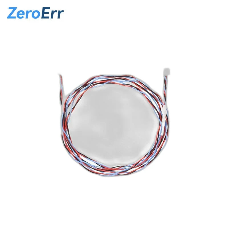 Coiled ZeroErr cable with twisted red, blue, black, and white wires on a white background