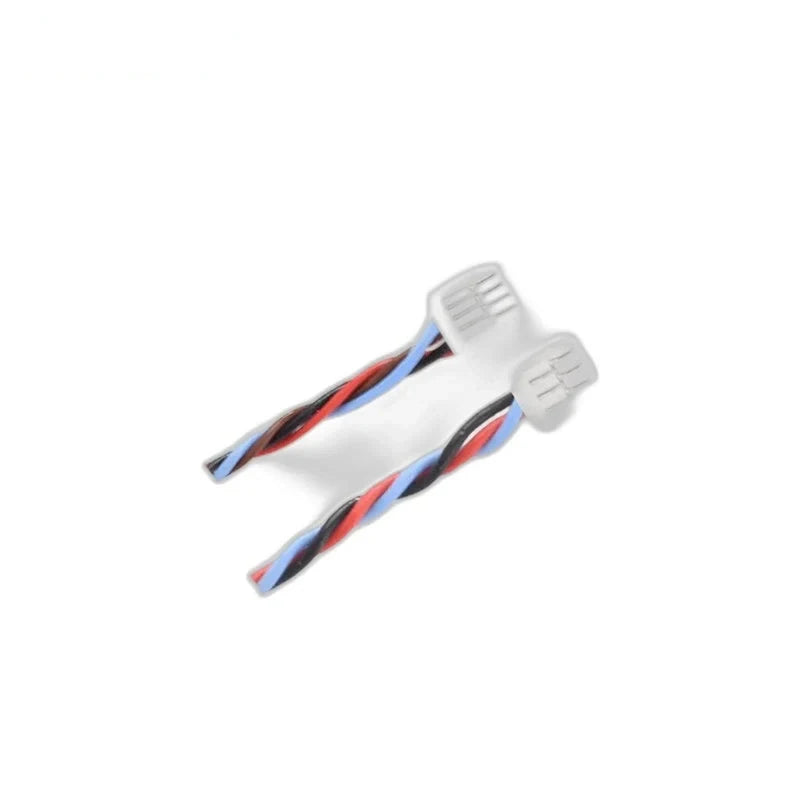 Close view of two twisted multicolor cable leads with white plastic connectors