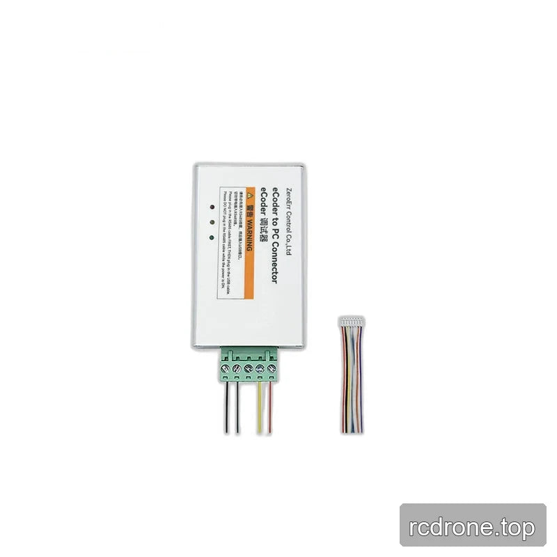 Silver eRob-eCoder to PC connector shown upright with green screw terminal, wire leads, and separate ribbon cable.