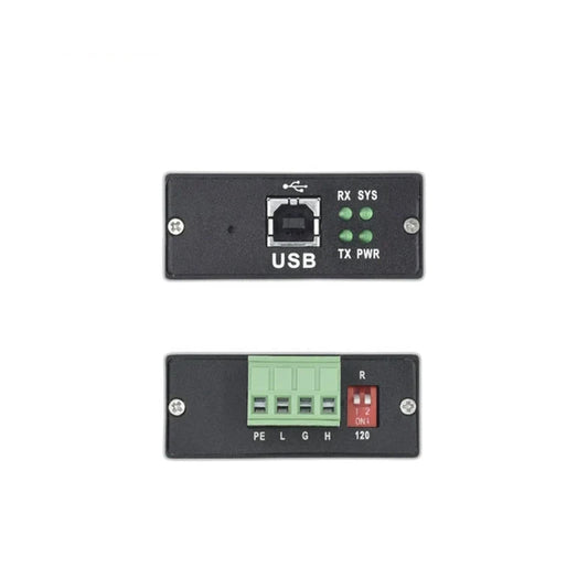 Black ZeroErr eRob-eCoder to PC connector showing USB port, RX SYS TX PWR indicators, terminal block, and DIP switch.