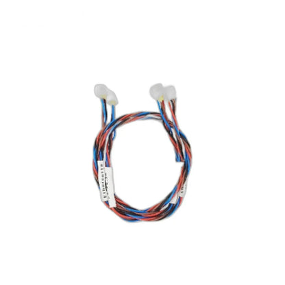 Coiled red, blue, black, and white robot-joint cable with two small white end connectors and a wire label.