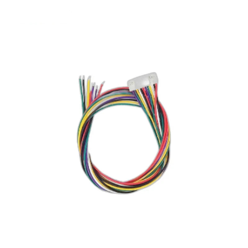 Coiled multicolored cable with a white multi-pin connector at one end and multiple stripped wire ends at the other.