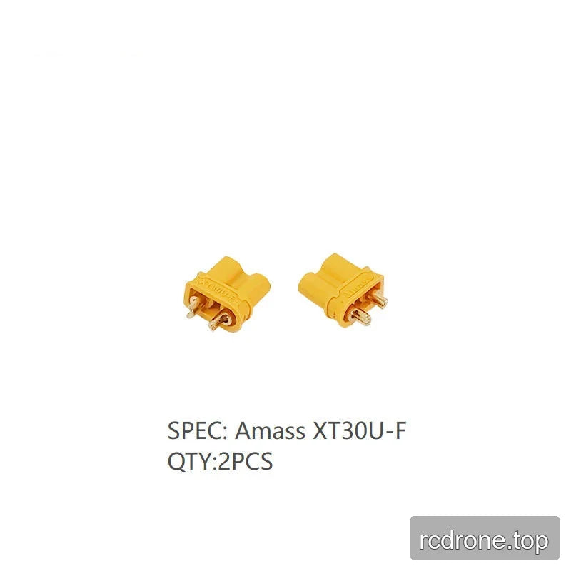 Two yellow Amass XT30U-F straight power connectors with exposed metal terminals, labeled quantity 2PCS.