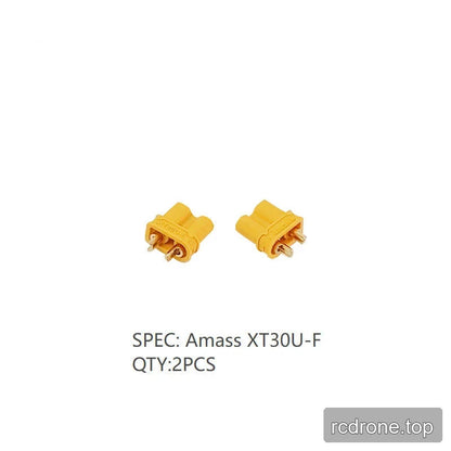 Two yellow Amass XT30U-F straight power connectors with exposed metal terminals, labeled quantity 2PCS.