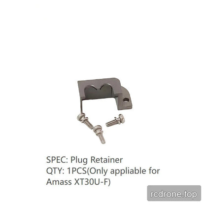 Metal plug retainer with three screws, labeled for Amass XT30U-F and quantity 1PCS.