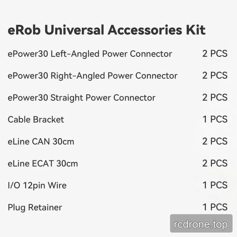 eRob Universal Accessories Kit contents list showing connector, cable, wire, bracket, and plug retainer quantities.
