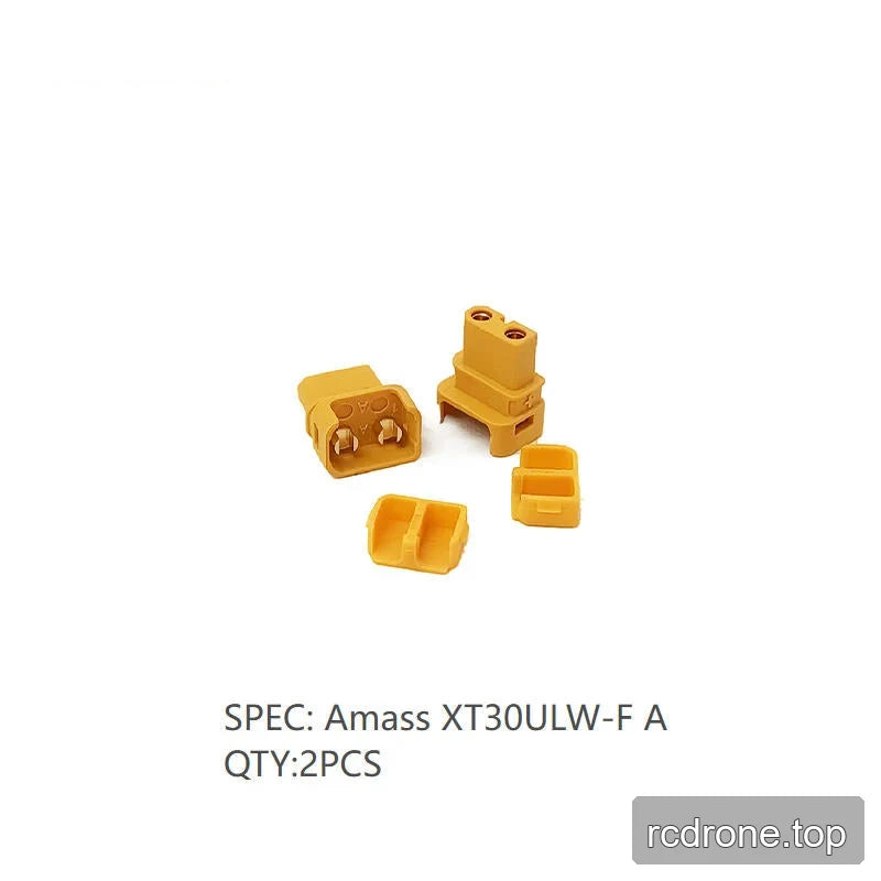Two yellow Amass XT30ULW-F A connector sets with housings and covers, labeled quantity 2PCS.