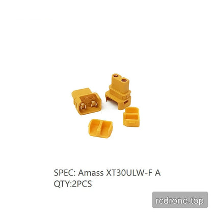 Two yellow Amass XT30ULW-F A connector sets with housings and covers, labeled quantity 2PCS.