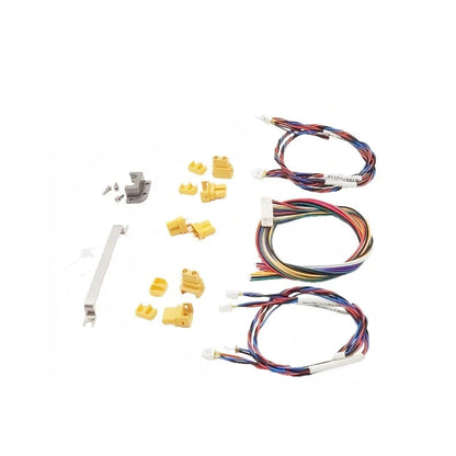 ZeroErr eRob accessory kit components laid out with yellow connectors, cable harnesses, metal bracket, and screws.