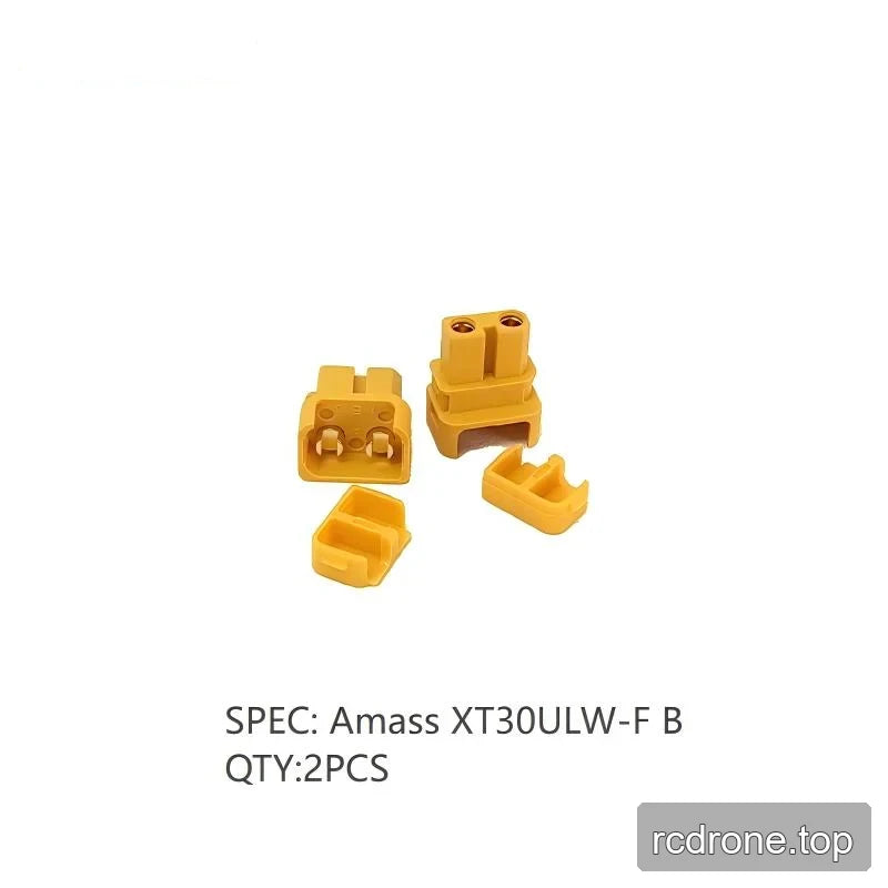 Two yellow Amass XT30ULW-F B connector sets with housings and covers, labeled quantity 2PCS.