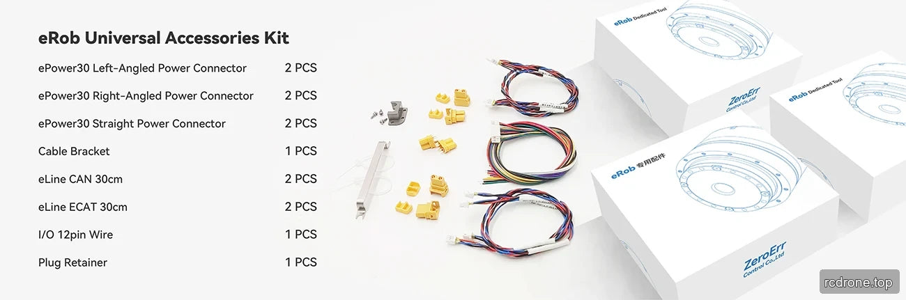 ZeroErr eRob Universal Accessories Kit contents with ePower30 connectors, cables, bracket, and plug retainer