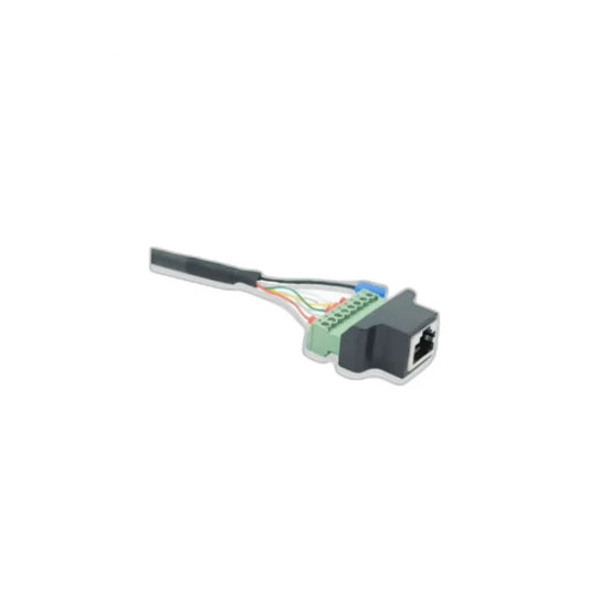 Close view of a ZeroErr RJ45 cable end with black socket housing, green terminal block, and exposed colored wires.