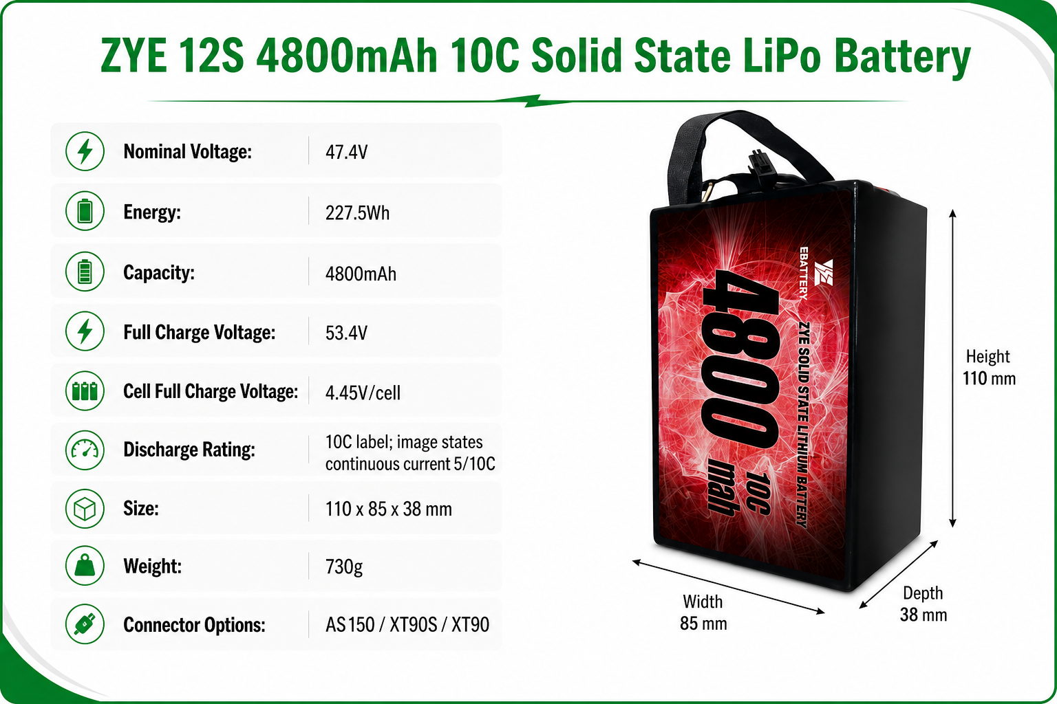 ZYE 12S 4800mAh 10C Solid State LiPo Battery specifications and connector options