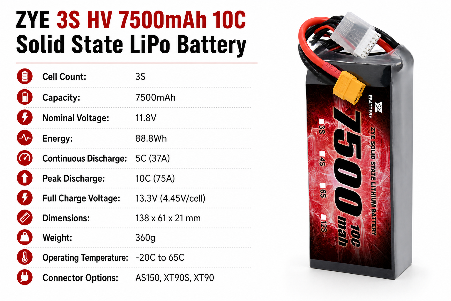 ZYE 3S HV 11.8V 7500mAh 10C Solid State LiPo Battery specifications and connector options