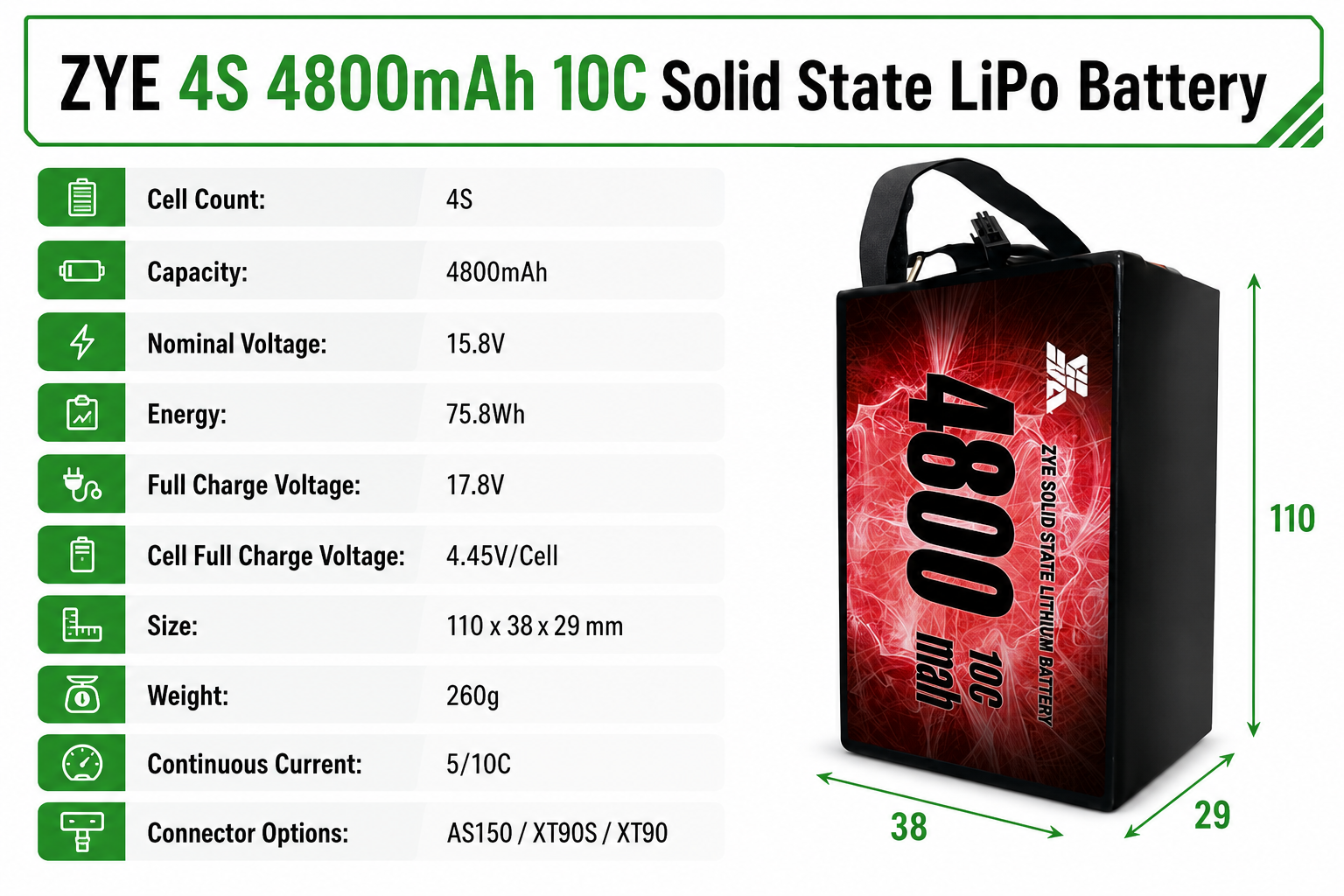 ZYE 4S 4800mAh 10C Solid State LiPo Battery specifications and connector options