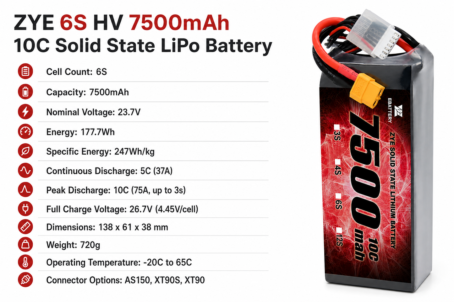 ZYE 6S HV 23.7V 7500mAh 10C 247Wh/kg Solid State LiPo Battery specifications and connector options
