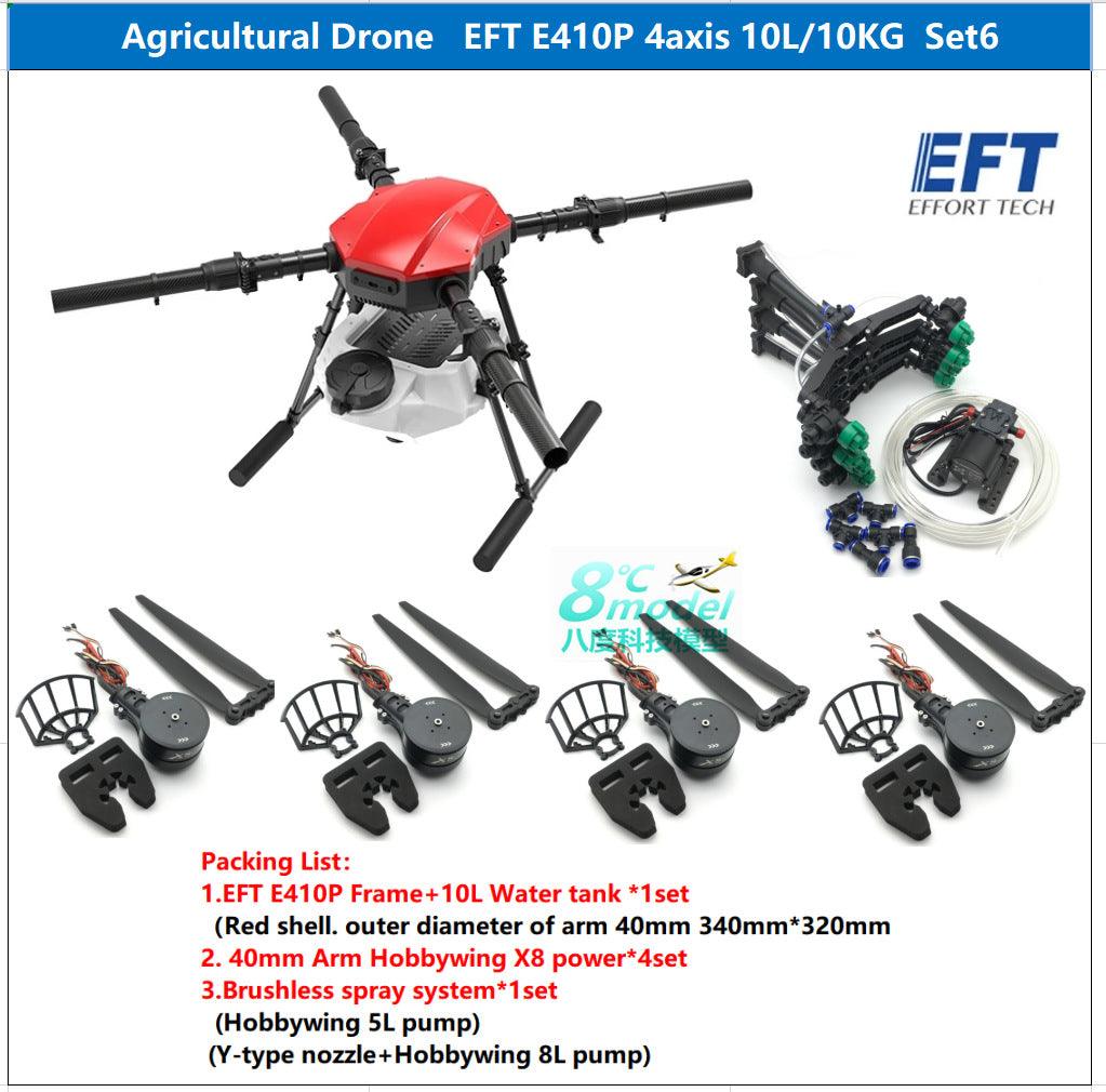 EFT E410P 10L Agriculture Drone, 4-axis agricultural drone kit with water tank, arms, power system, and spray nozzles for precision farming.