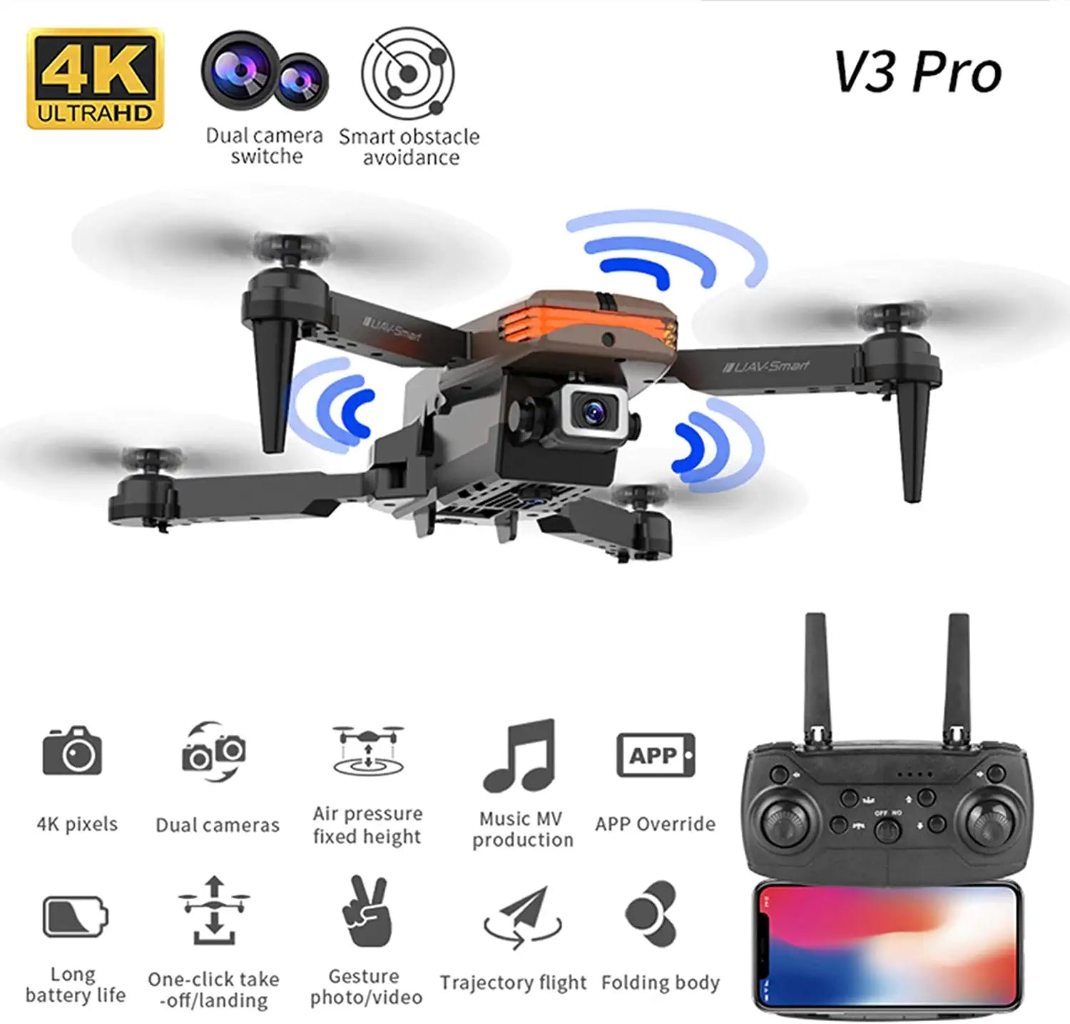 ARGIN V3 Pro Drone - with 4K Dual HD Camera for Kids Adults, RC Quadcopter WiFi FPV RC Drone with Infrared Obstacle Avoidance for Beginners Live Video RC Aircraft Christmas Party Plane - RCDrone