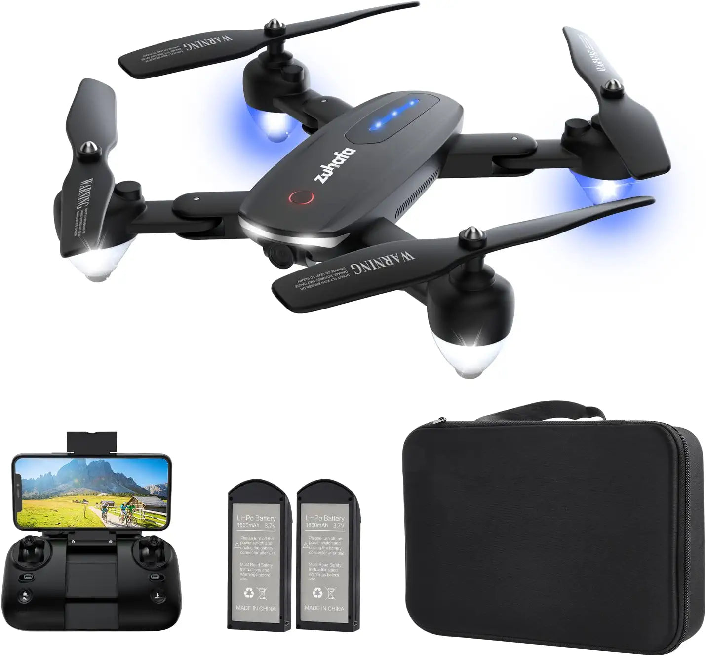 Zuhafa T4 Drone - with 1080P HD Camera for Adults and Kids,30-min Flight Time ,Gesture Control, Altitude Hold, Headless Mode, 3D Flips,RC Quadcopter with App FPV Video,2 Batteries,Carrying Case - RCDrone