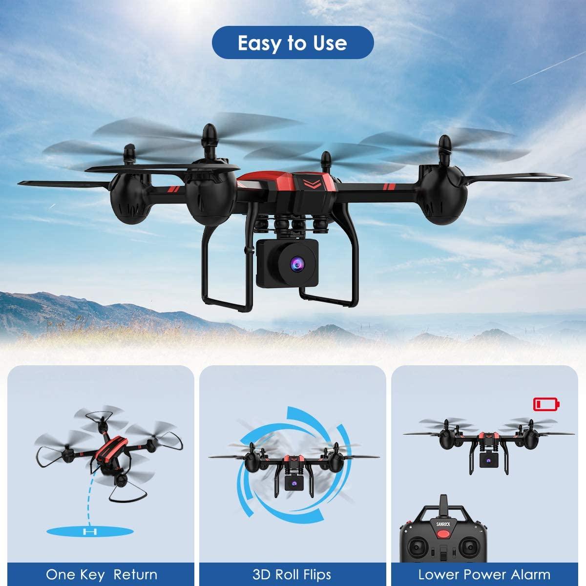 SANROCK X105W Drone - for Adults And Kids, 1080P HD Camera RC Quadcopter for Beginners, Wifi Live Video Cam, App Control, Altitude Hold, Headless Mode, Trajectory Flight, Gravity Sensor, 3D Flip - RCDrone